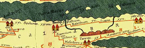 <em>Tabula Peutingeriana</em>: La Puglia del sud, da Egnatia (<em>Gnatie</em>) a Otranto (<em>Ydrunte</em>)