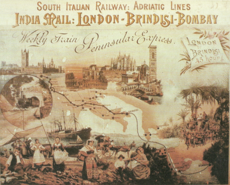 Cartolina d'epoca con rappresentato il percorso del convoglio: Londra, Dover, Calais, Parigi, Lione, Modane, Torino, Bologna, Ancona, Foggia, Brindisi, Suez, Aden e Bombay. (coll. G. Membola)
