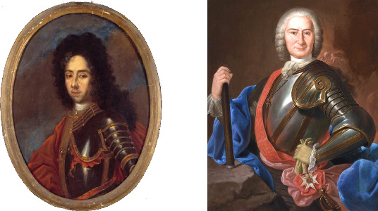 (sx) dipinto di Giulio Visconti Borromeo Arese (1664-1751), Museo di Milano; (dx) ritratto del generale José Carrillo de Albornoz, duca di Montemar, eseguito dalla pittrice Joaquina Serrano y Bartolomé, Museo del Prado, Madrid.