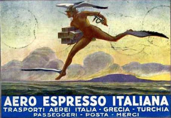 Il Mercurio alato rappresentato sulla cartolina pubblicitaria emessa dall'AEI in occasione del primo volo (fonte il web)