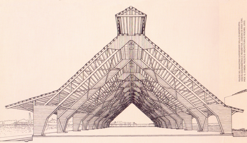 Rilievo del magazzino superfosfati della ex-Montecatini, veduta assonometrica (disegno di Anna Turo, prof. G. D'Ardia, Facoltà di Architettura di Pescara, 1993)
