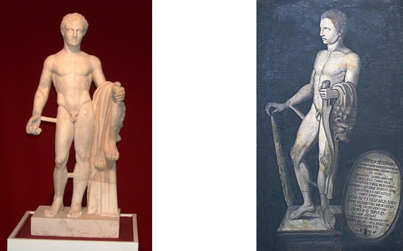 a sx la statua dell'Ercole a dx il ritratto dell’Ercole Brindisino risalente al 1762