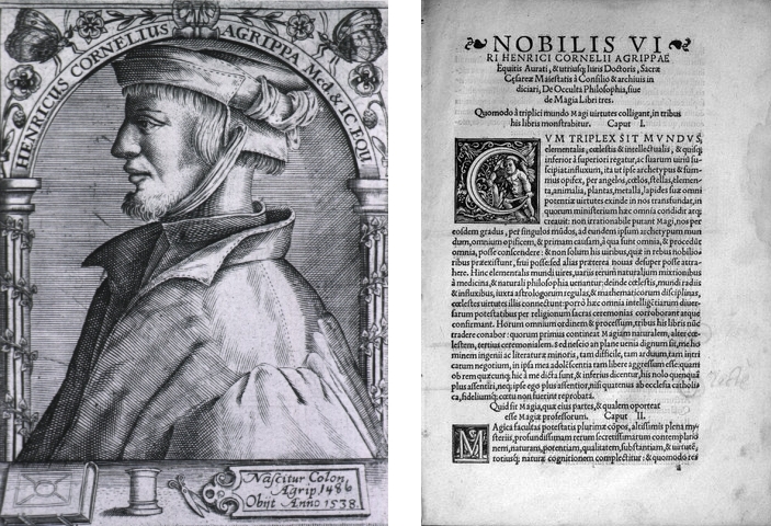 Heinrich Cornelius Agrippa von Nettesheim e a dx una pagina del volume De occulta philosophia (da Wikipedia)