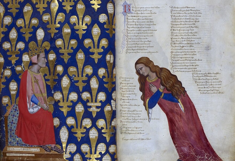 Miniatura attribuita a Convenevole da Prato, raffigurante Roberto d'Angiò in trono, a sinistra è raffigurata l'Italia con sembianze femminili, British Library, Londra (da Wikipedia)