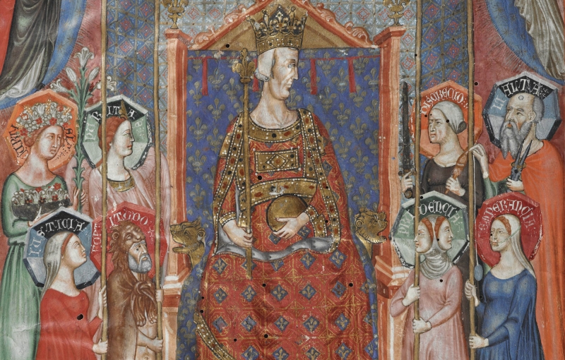 Terzo folio della Bibbia d'Angiò, col committente, Roberto il Saggio, sul trono. Particolare. (Napoli, 1340, KU Leuven Maurits Sabbe Library - da Wikipedia)