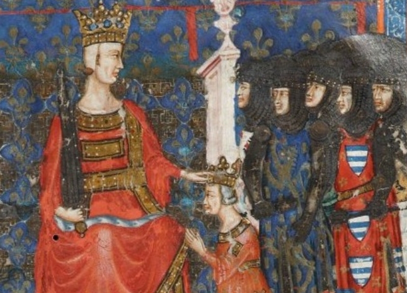 Il principe di Salerno Carlo accanto al padre in una miniatura della Bibbia d'Angiò, 1340, Cristoforo Orimina, biblioteca Maurits Sabbe della facoltà di Teologia della Katholieke Universiteit, Lovanio (da Wikipedia)
