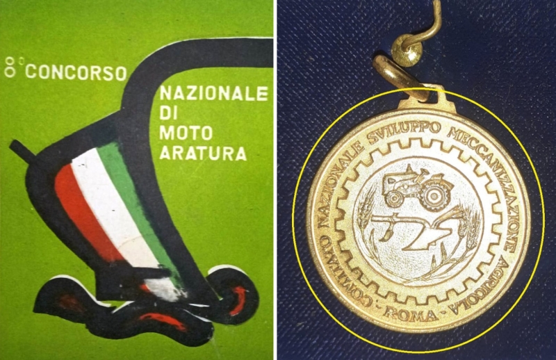 A sx la copertina del regolamento dell’ottava edizione del concorso nazionale di motoaratura disputata nel 1964; a dx la medaglia d'oro del primo classificato vinta da Antonio Protopapa nell’edizione provinciale dello stesso anno.