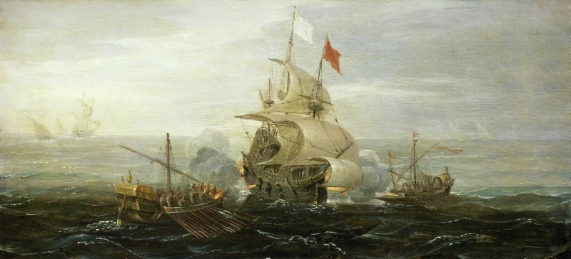 Nave francese attaccata da corsari. Dipinto di Aert Anthonisz (1579-1620)