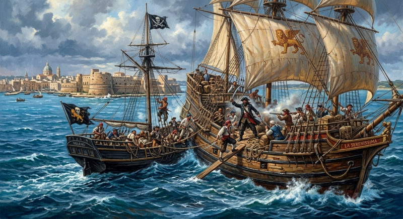 Pirati attaccano una nave mercantile (immagine generata con I. A. Gemini)