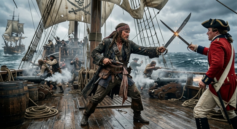 Pirati all'aattaccano una nave mercantile (immagine generata con I. A. Gemini)