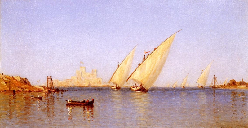 Sanford Robinson Gifford. <em>Fishing Boats coming into Brindisi Harbor</em>, 1874. Olio su tela 20.32 x 38.10 cm. Collezione privata (da Wikipedia)