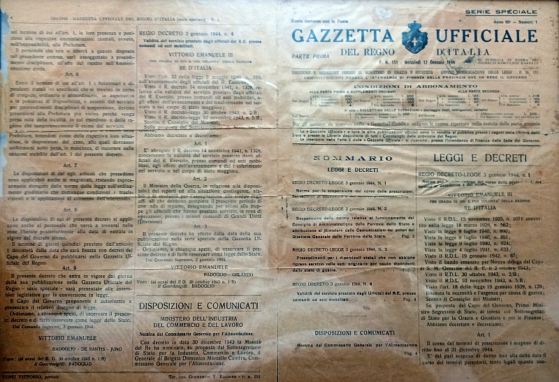 Originale della Gazzetta Ufficiale stampata a Brindisi presso la Tipografia Ragione (arch. Francesco Ragione)