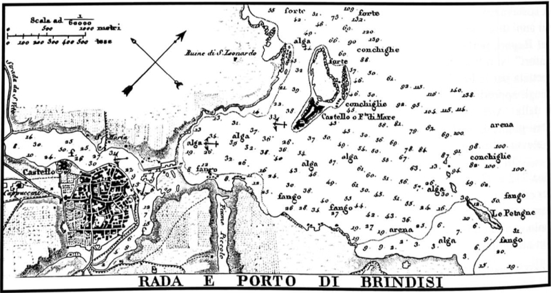 Mappa Brindisi del 1805 da Idrografia Generale del Mare Adriatico (1825), ed. Istituto Geografico Militare di Milano. Particolare