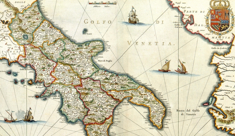 Dettaglio della Carta del Regno di Napoli pubblicata nel 1640 dai fratelli Joan Blaeu (1598-1673) e Cornelius Blaeu (1610-1642). Da Wikipedia