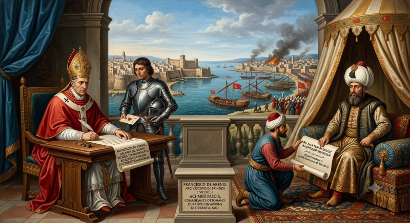 Ricostruzione digitale della corrispondenza avvenuta tra Francesco de Arenis e Achmed Pascià nel 1480. Immagine generata con IA Gemini a scopo illustrativo