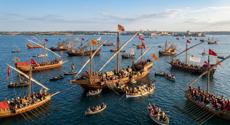 Ricostruzione digitale della flotta aragonese che riuscì a intercettare le navi ottomane e a recuperare buona parte del tesoro saccheggiato a Otranto. Immagine generata con IA Gemini a scopo illustrativo