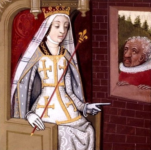 Miniatura della regina Giovanna I da un manoscritto del De mulieribus claris di Giovanni Boccaccio (Parigi, Biblioteca nazionale della Francia).