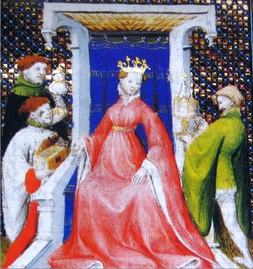 Giovanna I di Napoli, raffigurata nella Bibbia di Napoli, fine XIV secolo (da Wikipedia)