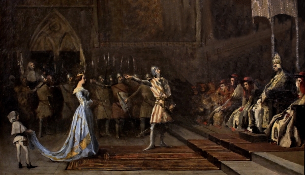 Emile Lagier (1887). <em>La regina Giovanna ricevuta da Papa Clemente VI</em> (olio su tela con cornice. Avignone, Palazzo dei Papi - da Wikipedia)