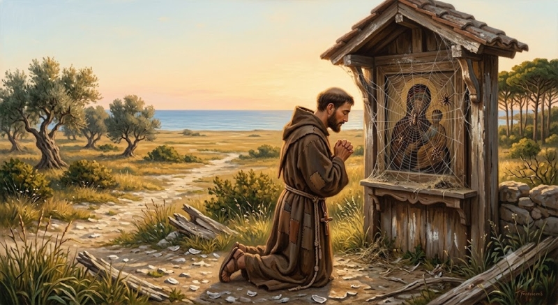San Francesco in preghiera davanti all'icona della Vergine coperta dal telo del ragno (immagine generata da IA Gemini)