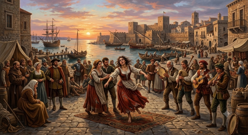 Il fenomeno del tarantismo in Puglia nel XVI secolo (immagine generata con A.I. Gemini)